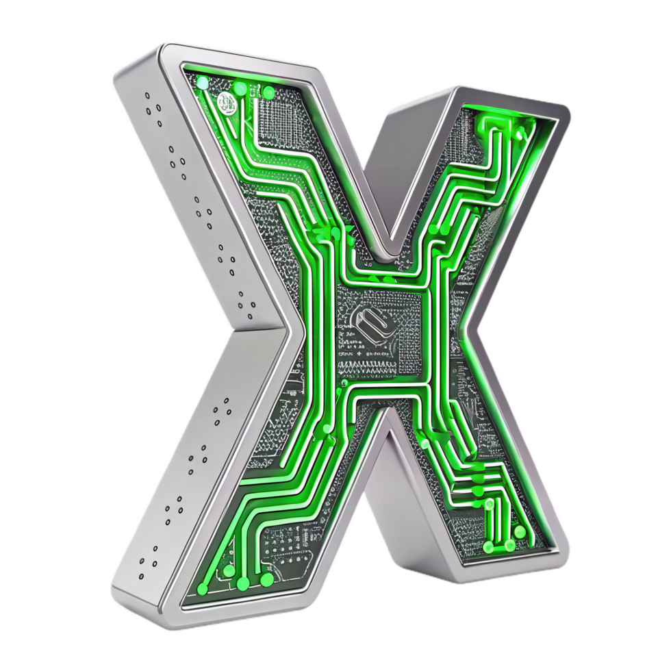 Futuristic circuit board symbol in shape of X with green accents. This design combines technology and modern aesthetics, perfect for digital themes png