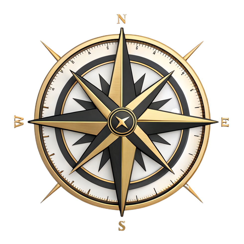 detailed compass rose symbol featuring metallic gold and black elements, showcasing cardinal directions with classic design. Perfect for navigation themes png
