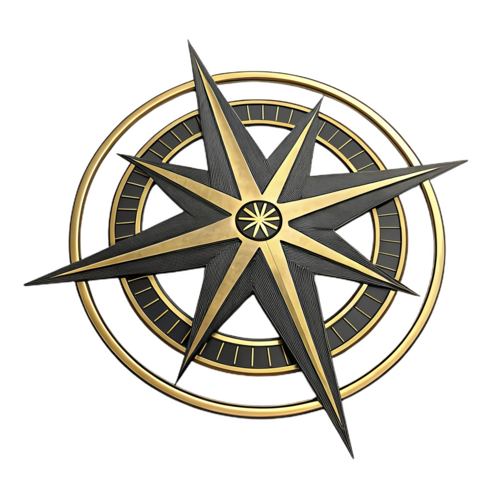 detailed compass rose symbol featuring metallic gold and black elements, showcasing intricate design and elegance. Perfect for navigation themes and artistic representations png