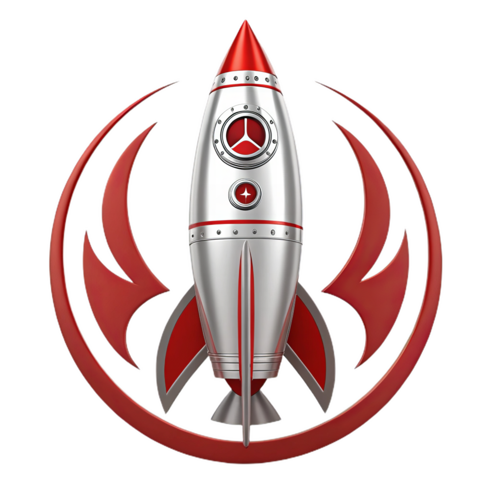 sleek silver rocket symbol with red accents, representing futuristic design and innovation. This striking image captures essence of space exploration and adventure png