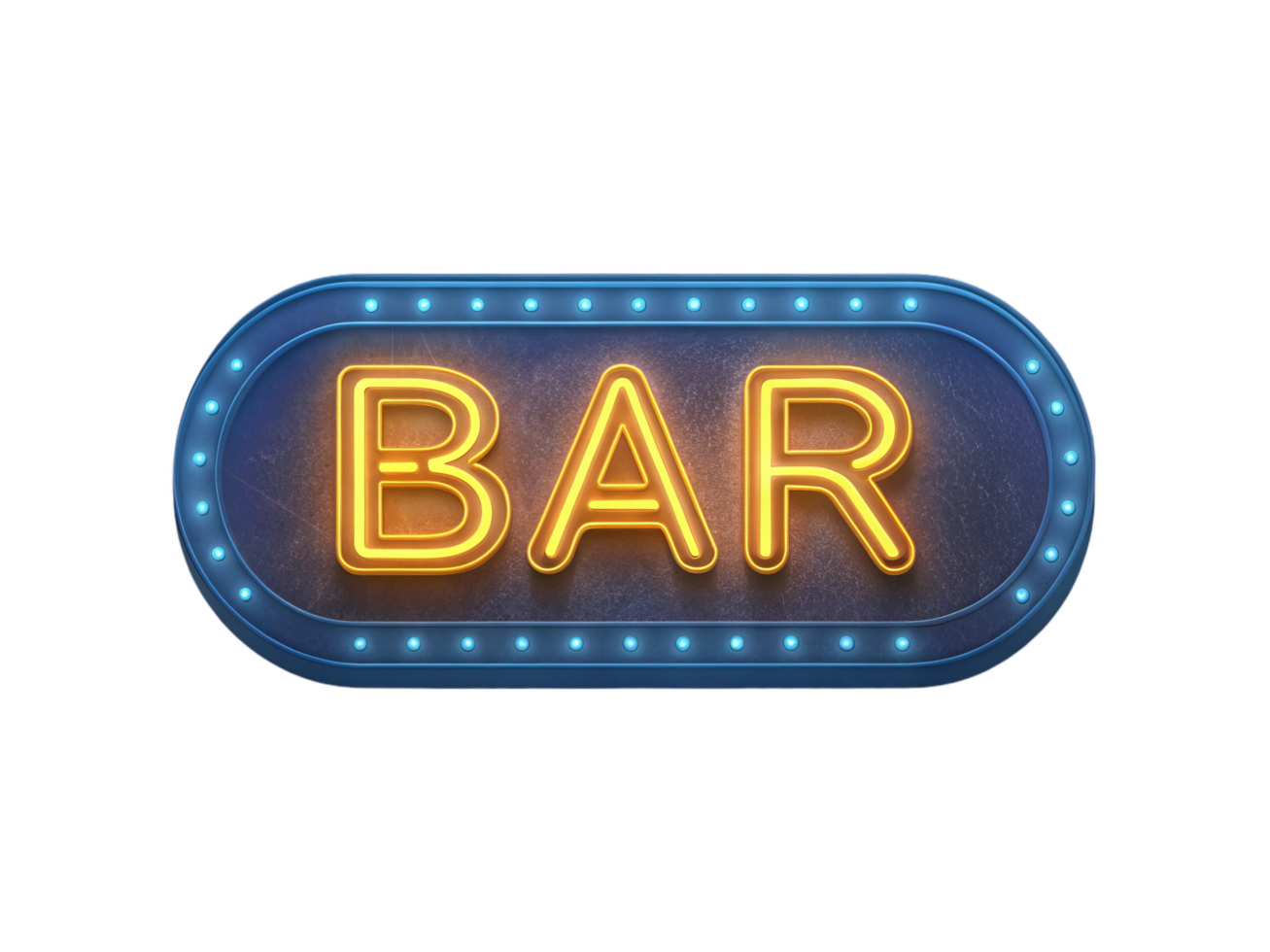 glowing neon sign displaying word BAR in bright yellow letters, surrounded by blue lights, creating vibrant and inviting atmosphere png