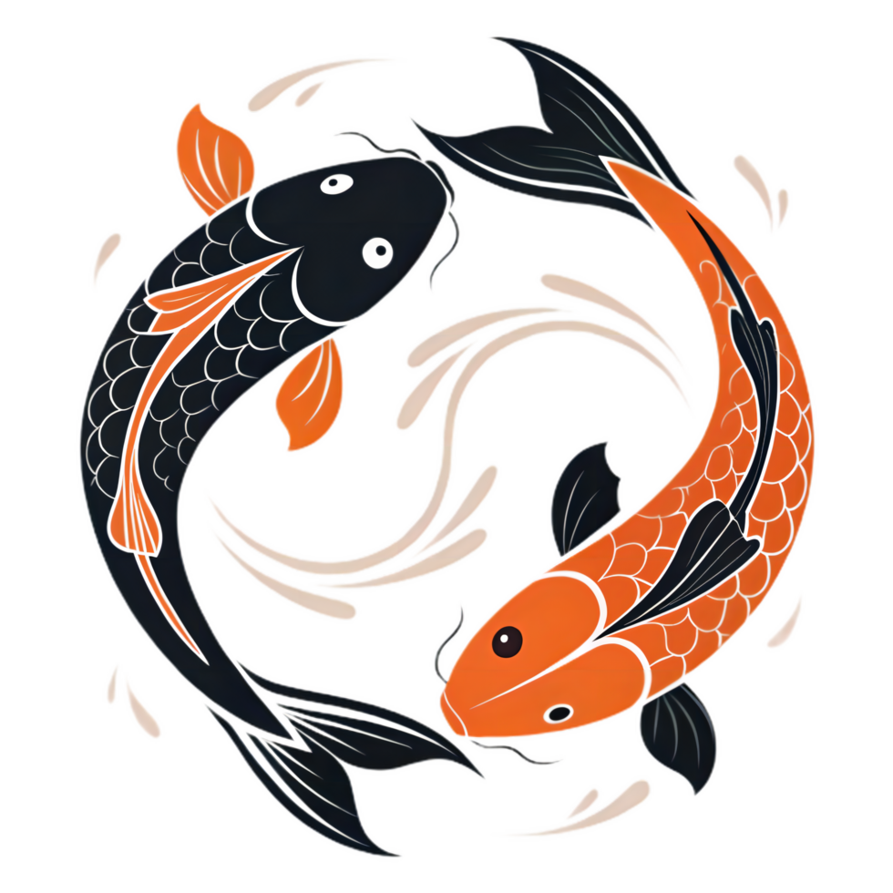 Koi fish swimming in yin yang formation, symbolizing balance and harmony. black and orange koi represent duality and interconnectedness in nature png