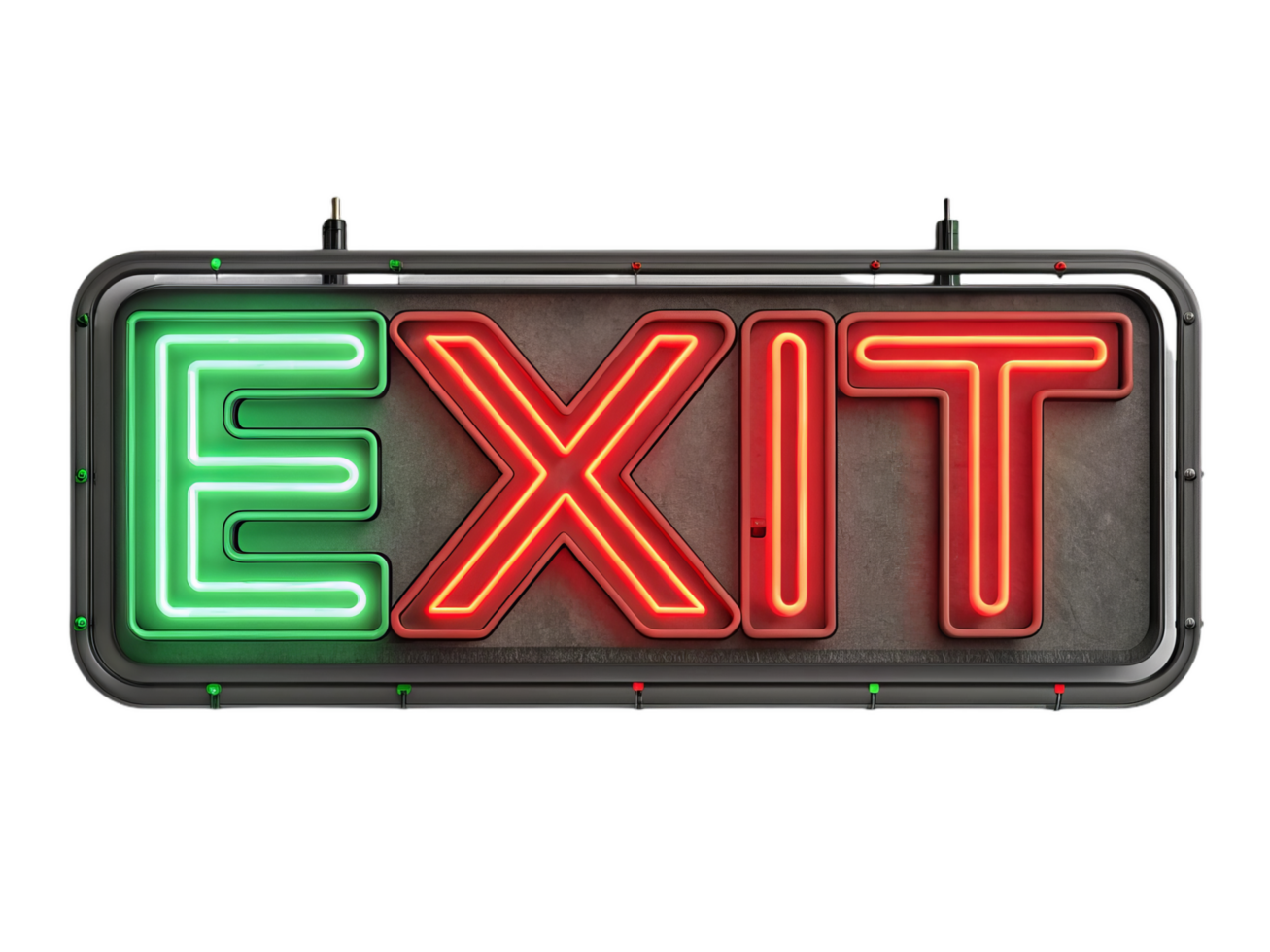 Bright neon exit sign in green and red colors, showcasing modern design. glowing letters create striking visual, perfect for guiding people png