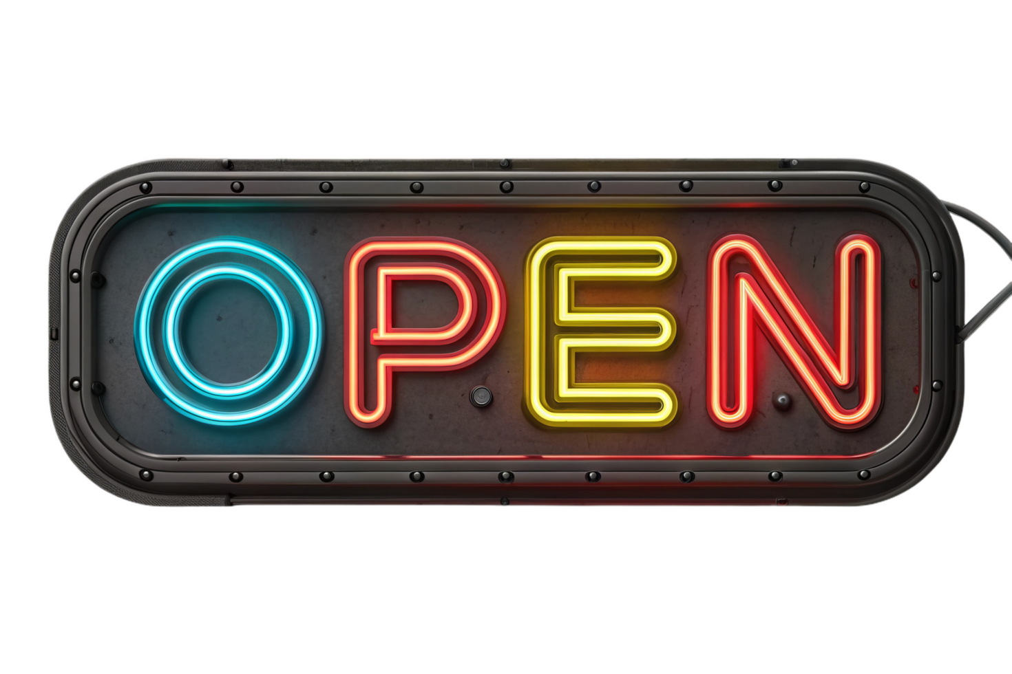 vibrant neon sign displaying word OPEN in blue, yellow, and red colors, perfect for attracting attention to businesses png