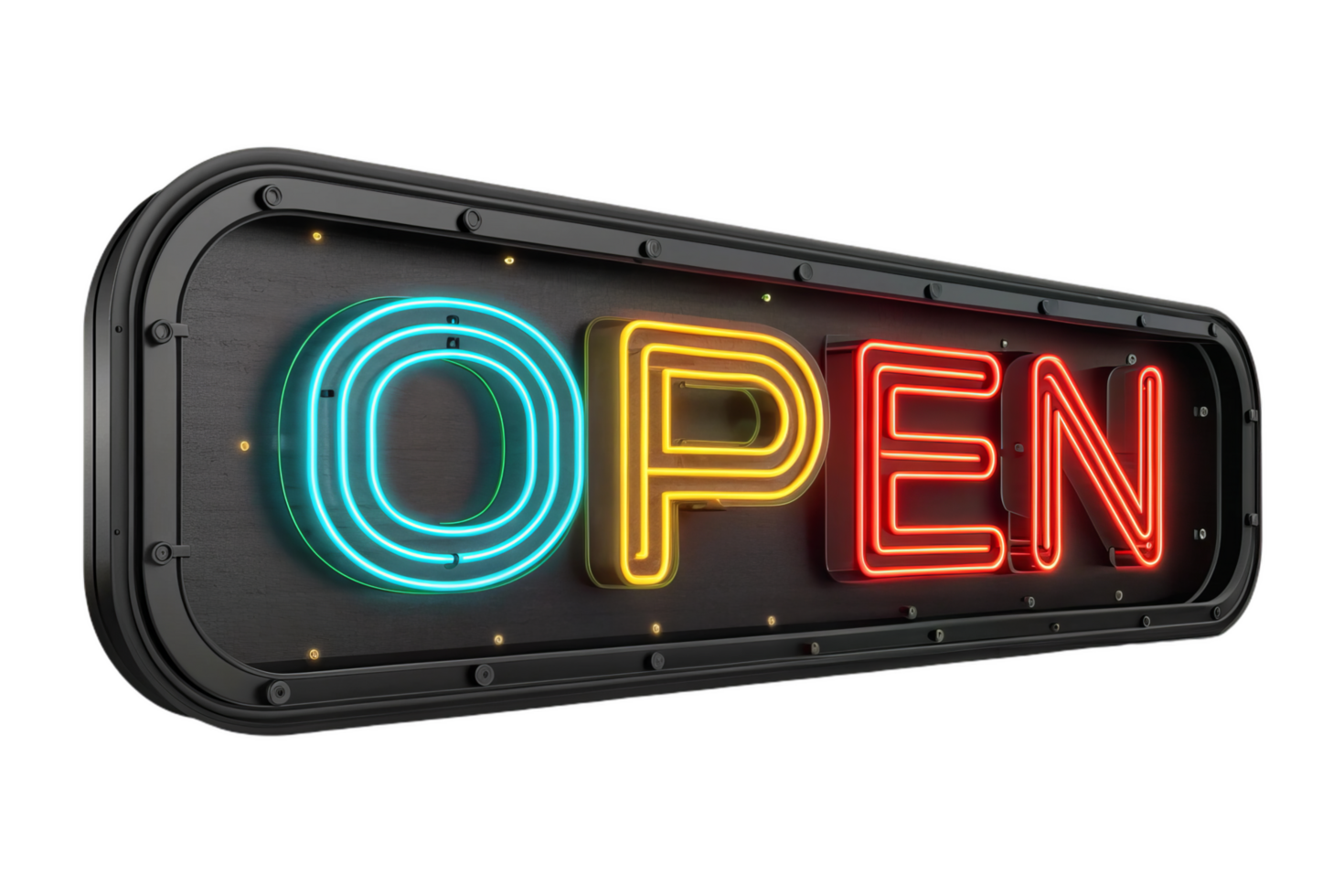 Futuristic neon sign with OPEN text in vibrant colors, perfect for attracting attention to businesses. bright lights create welcoming atmosphere png