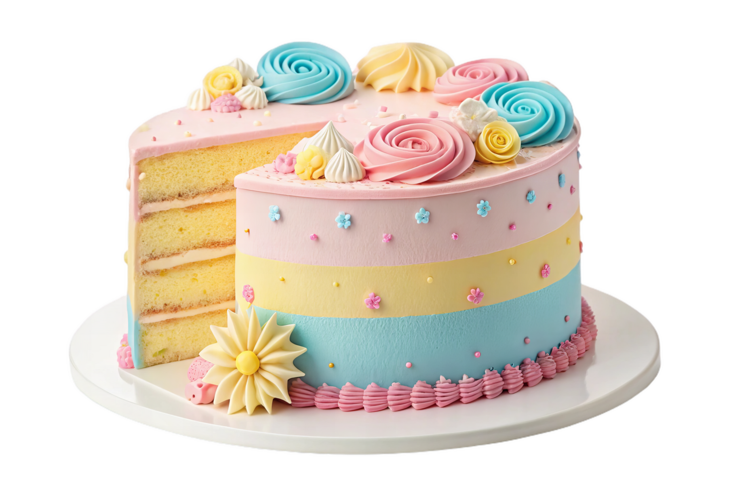 colorful 3D layered cake with bright pastel colors, featuring decorative flowers and swirls. Perfect for celebrations and special occasions png