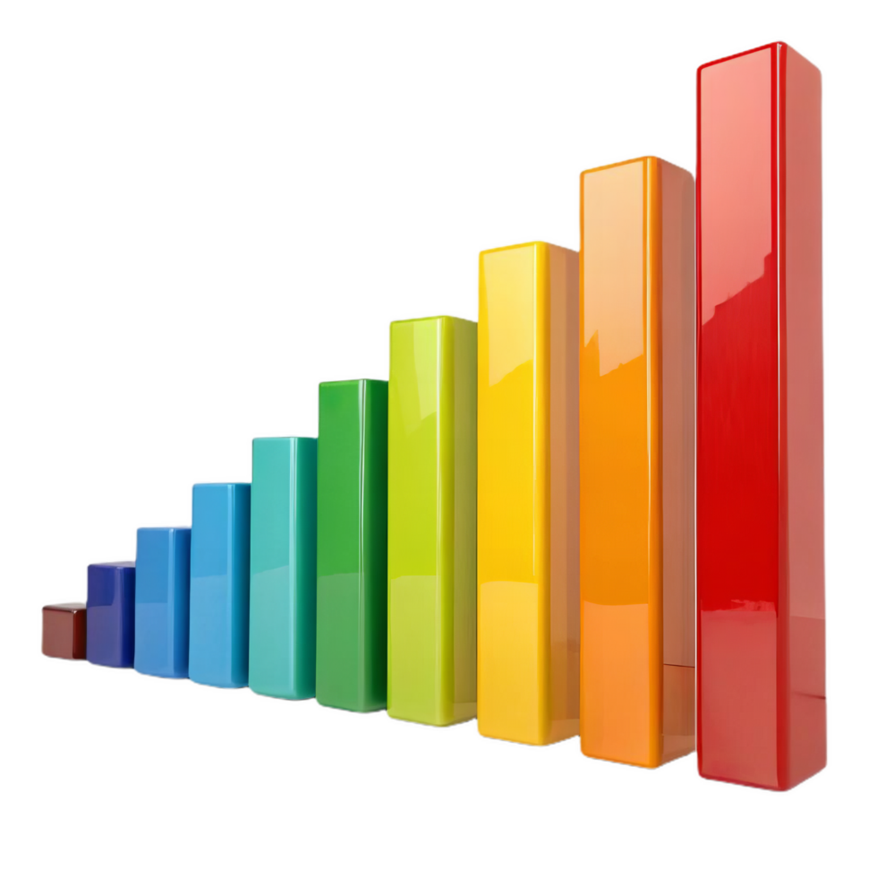 vibrant 3D bar graph showcasing spectrum of colors from blue to red, representing data visually. This colorful design is ideal for presentations and reports png