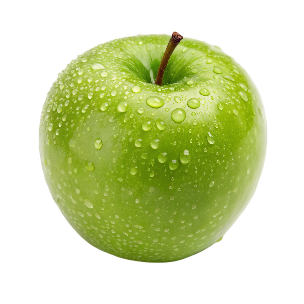 crisp green apple with shiny surface and dewdrops glistening. This fresh fruit symbolizes health and vitality, perfect for nutritious snack or ingredient png