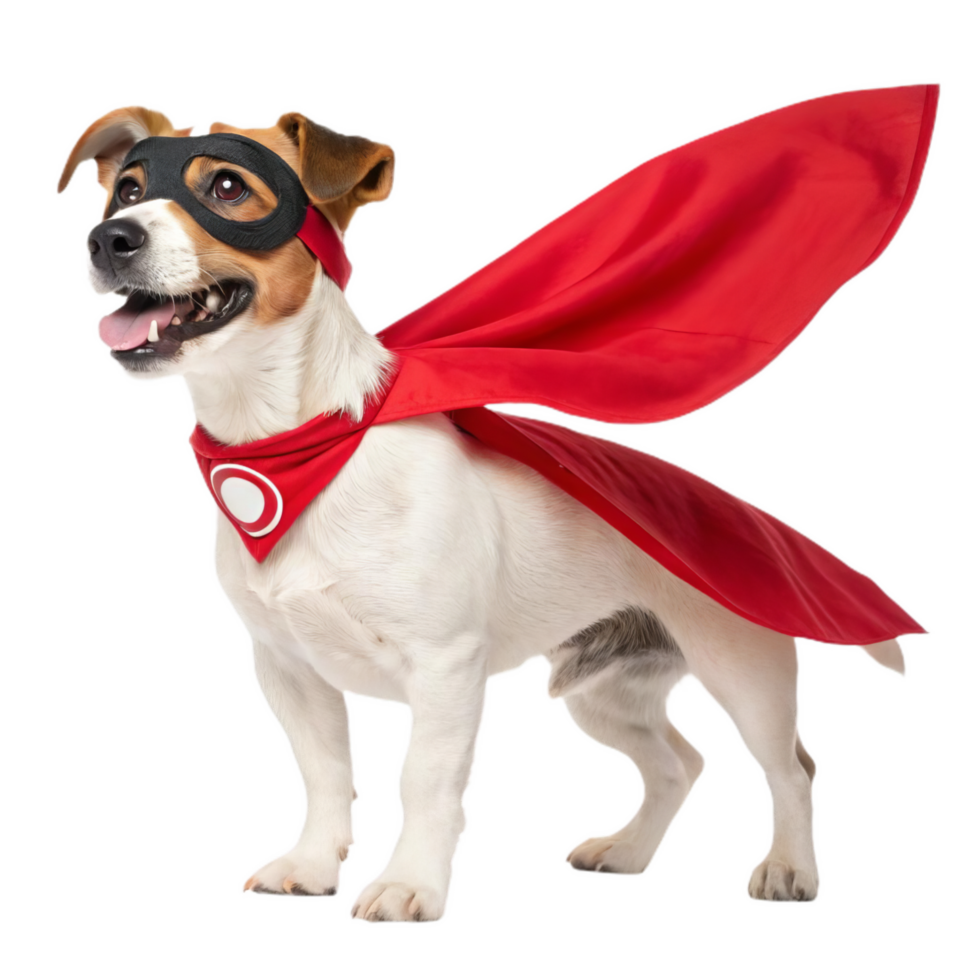 playful dog dressed as superhero with red cape and mask, exuding joy and energy. This charming pet is ready for adventure and fun png