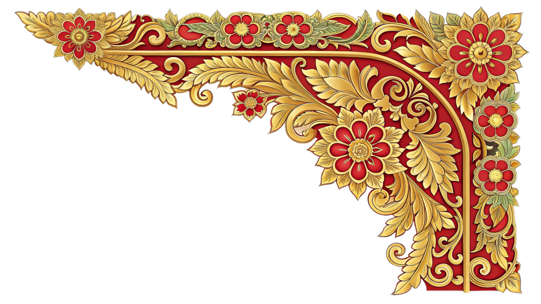 traditional Thai floral corner pattern featuring intricate designs in red, gold, and green. This artwork showcases beautiful flowers and leaves, perfect for decorative purposes png