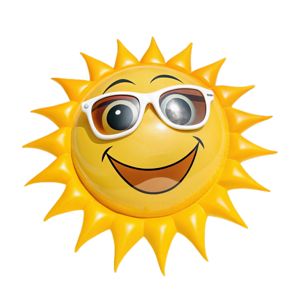 cartoon style sun wearing sunglasses, smiling joyfully, radiates warmth and happiness. Perfect for summer themes and cheerful designs png
