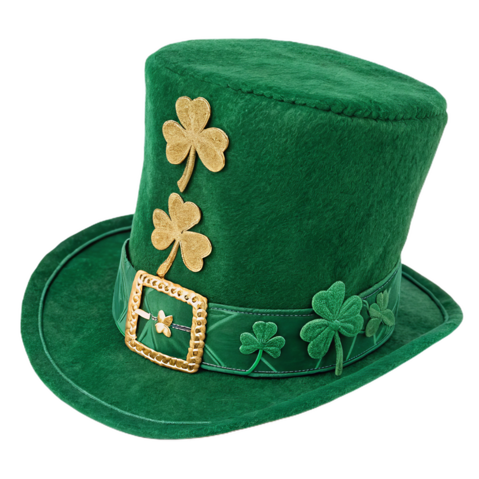 vibrant green leprechaun hat adorned with golden clovers and buckle, perfect for festive celebrations. This charming accessory adds playful touch to any outfit png