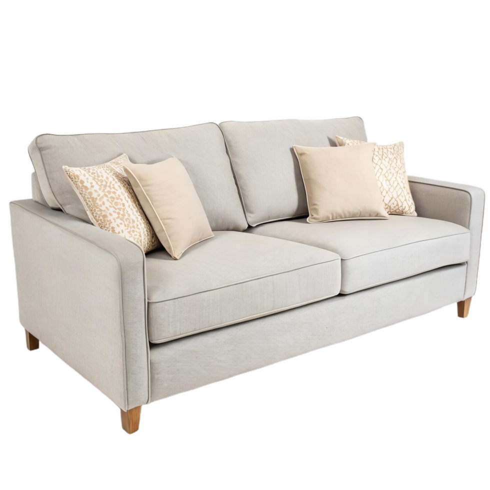minimalist gray sofa with light cushions, perfect for modern living spaces. Its elegant design and soft textures create cozy atmosphere png