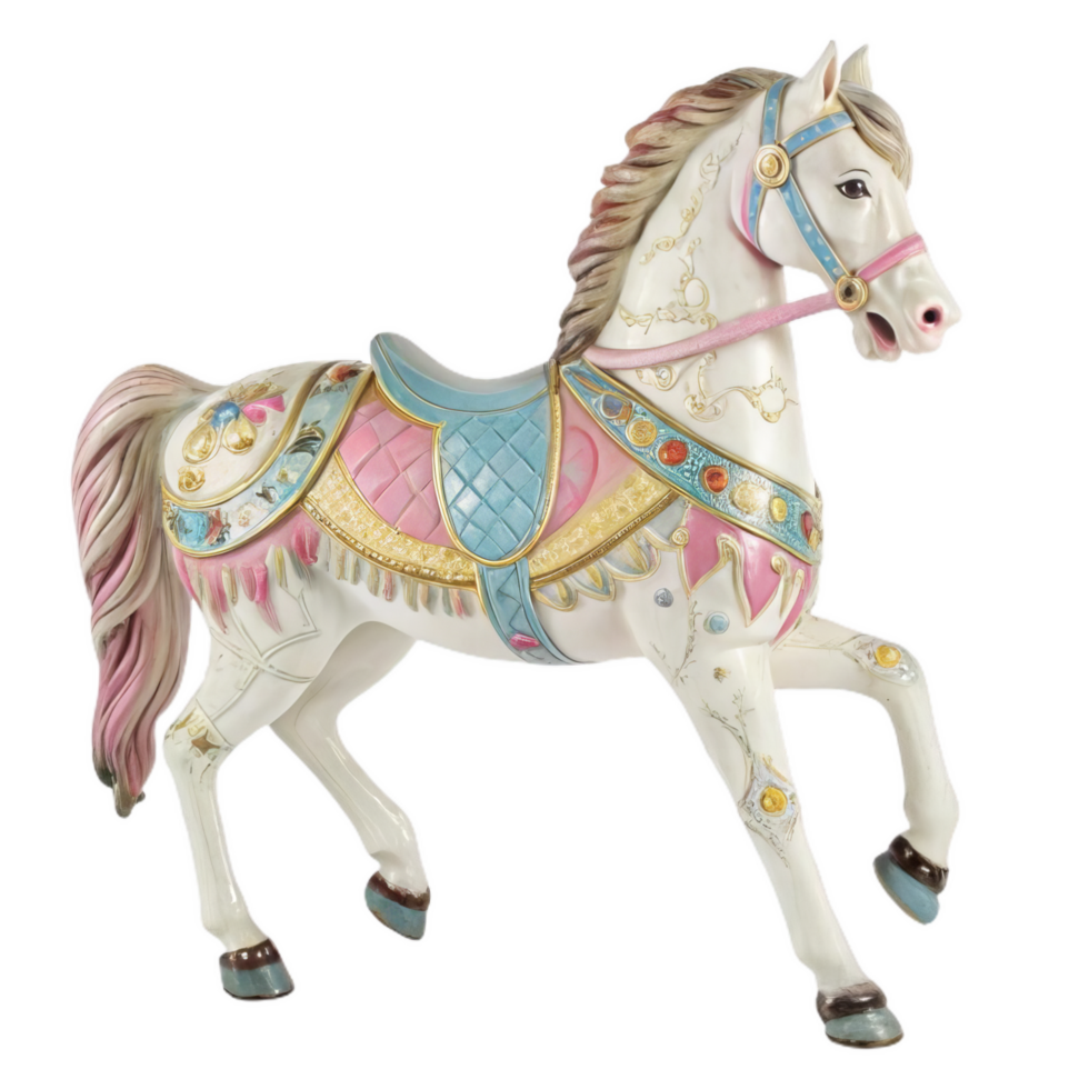 beautifully crafted carousel horse featuring intricate patterns and vibrant colors, showcasing blend of pink, blue, and gold details that evoke sense of nostalgia and whimsy png