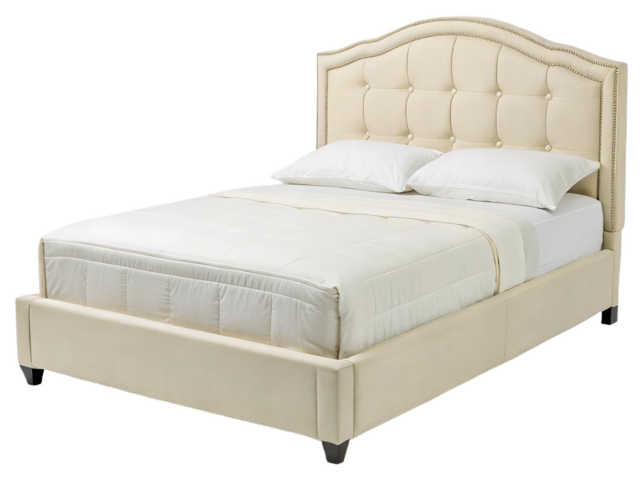 cream colored bed with cushioned headboard, featuring stylish design and comfortable bedding. Perfect for enhancing any bedroom decor png