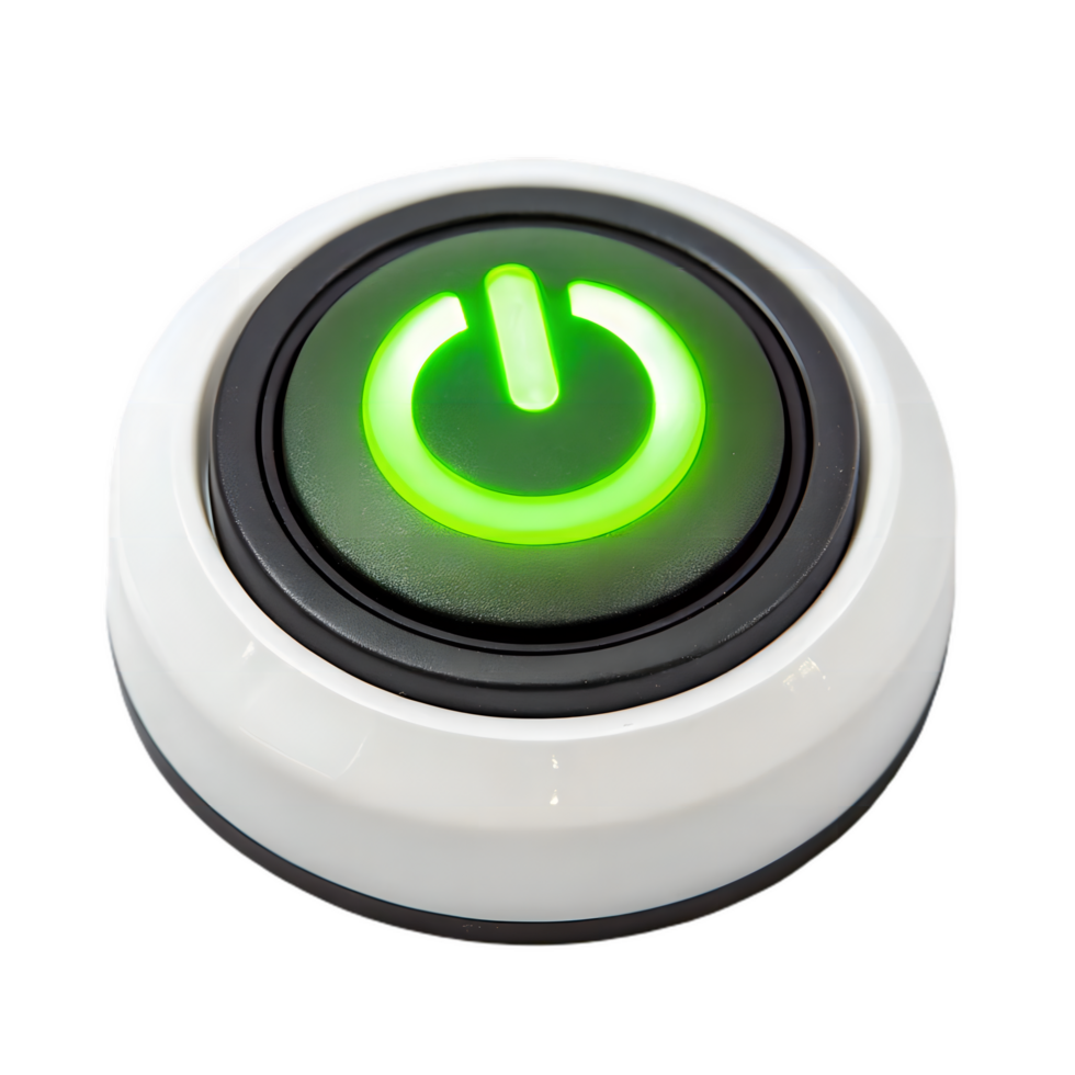 glowing green power button symbolizing technology and control, ideal for devices and electronics. This captures essence of modern innovation and functionality png