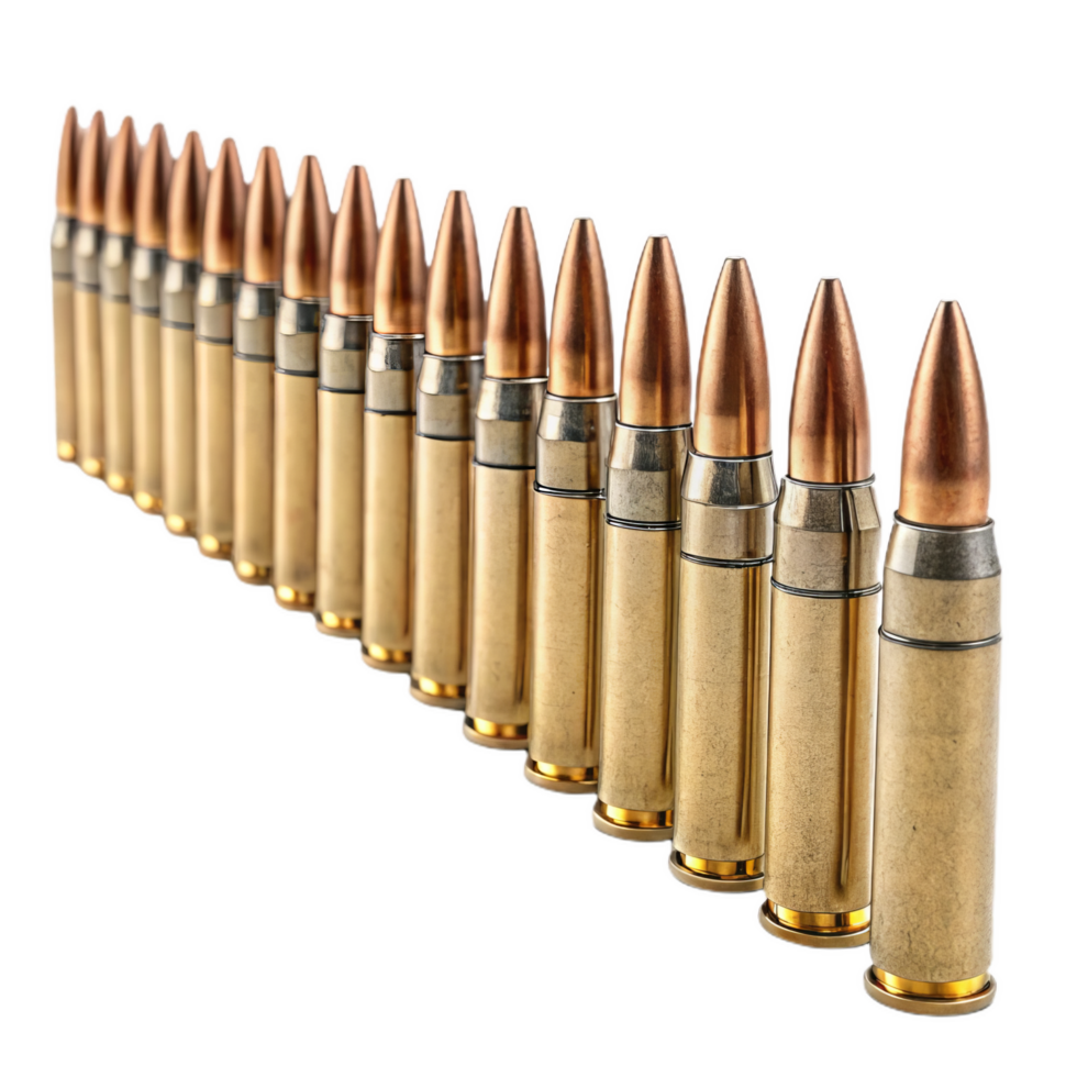 Bullets aligned in row, showcasing series of metallic cartridges with pointed tips. image captures precision and detail of ammunition, evoking sense of order and readiness png