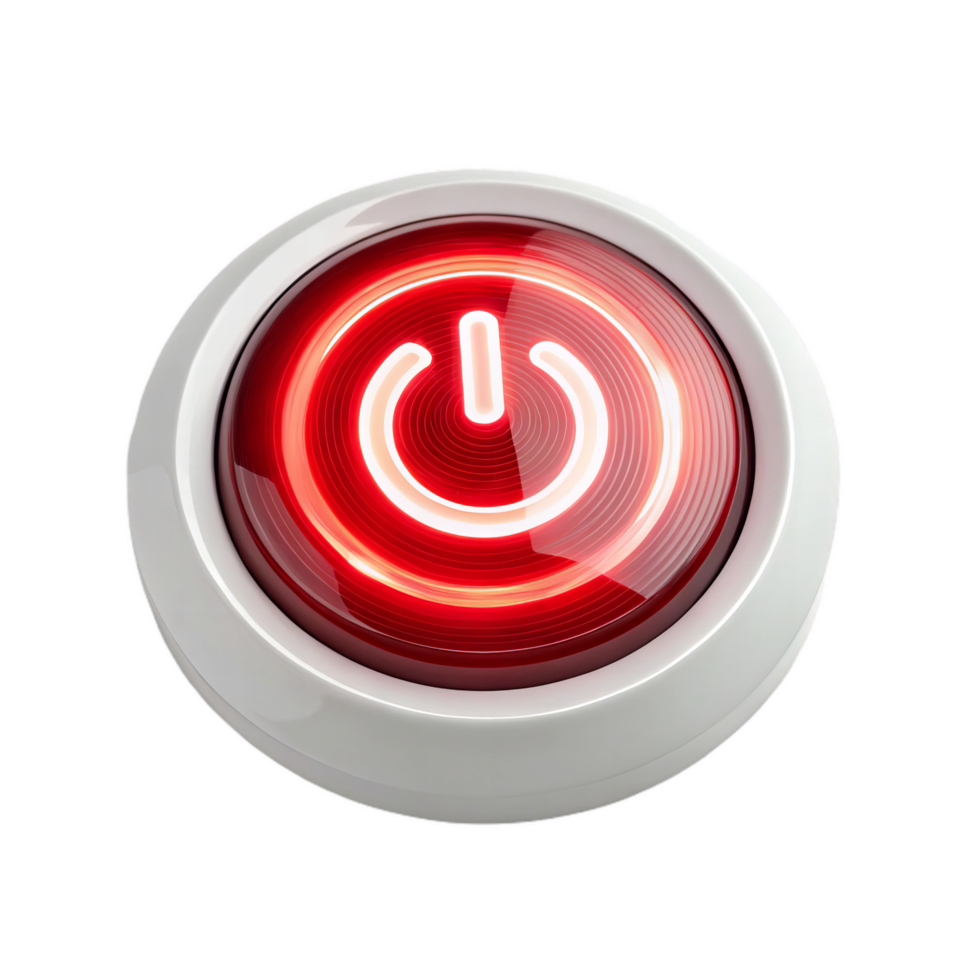 Futuristic power button icon radiating bright red light, symbolizing technology and energy. This design evokes sense of modernity and innovation png