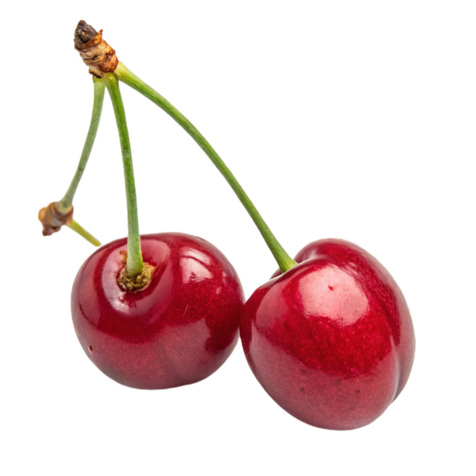 Fresh cherries connected by their stems, showcasing their vibrant red color and glossy texture, perfect for culinary use or decoration png