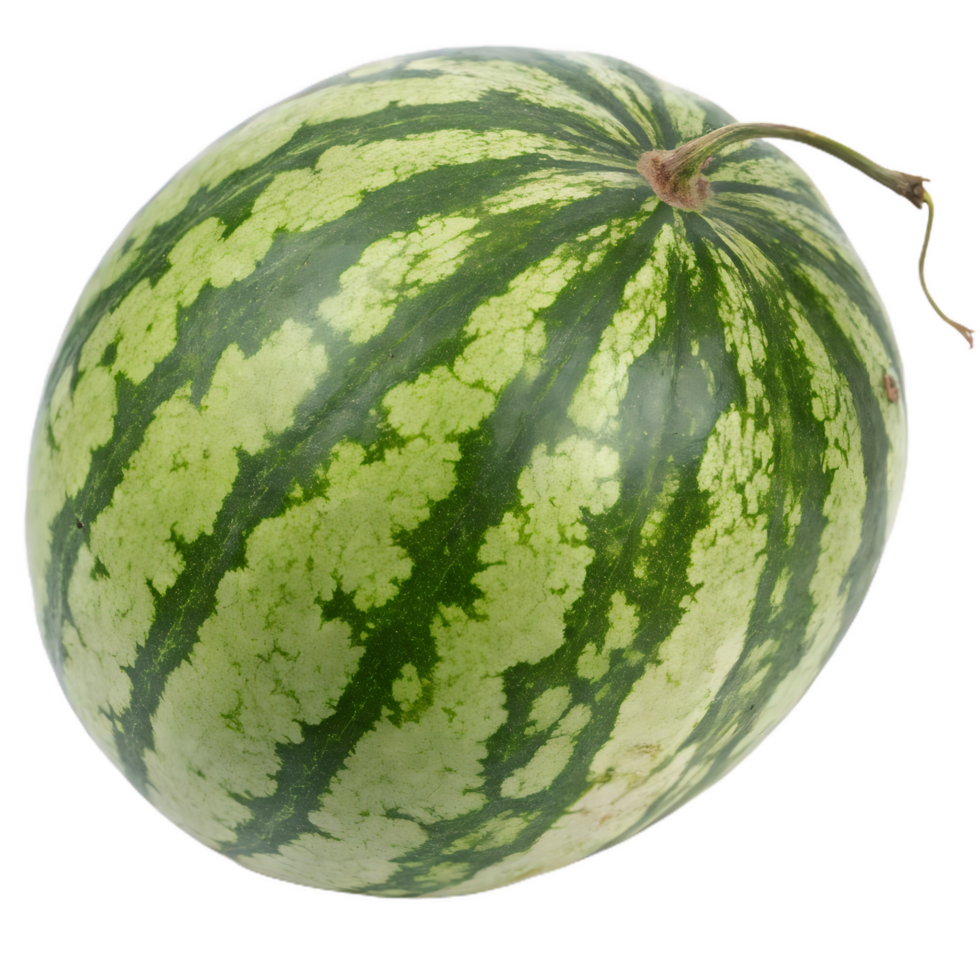 whole watermelon with green striped skin, showcasing its vibrant colors and fresh appearance, perfect for summer picnics and refreshing treats png
