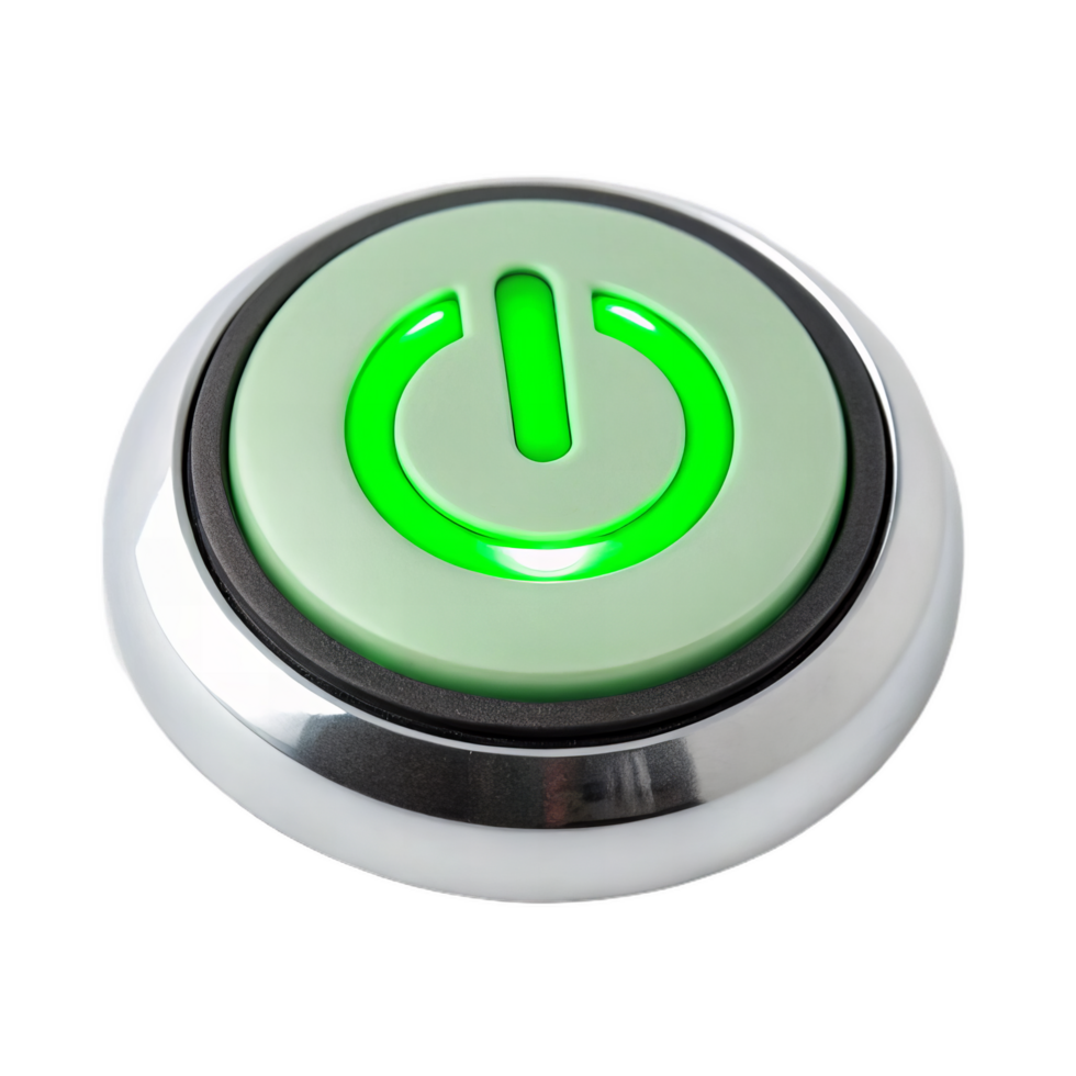 sleek power button icon glowing bright green, symbolizing energy and activation. This modern design features shiny metallic base and vibrant green light, perfect for technology themes png