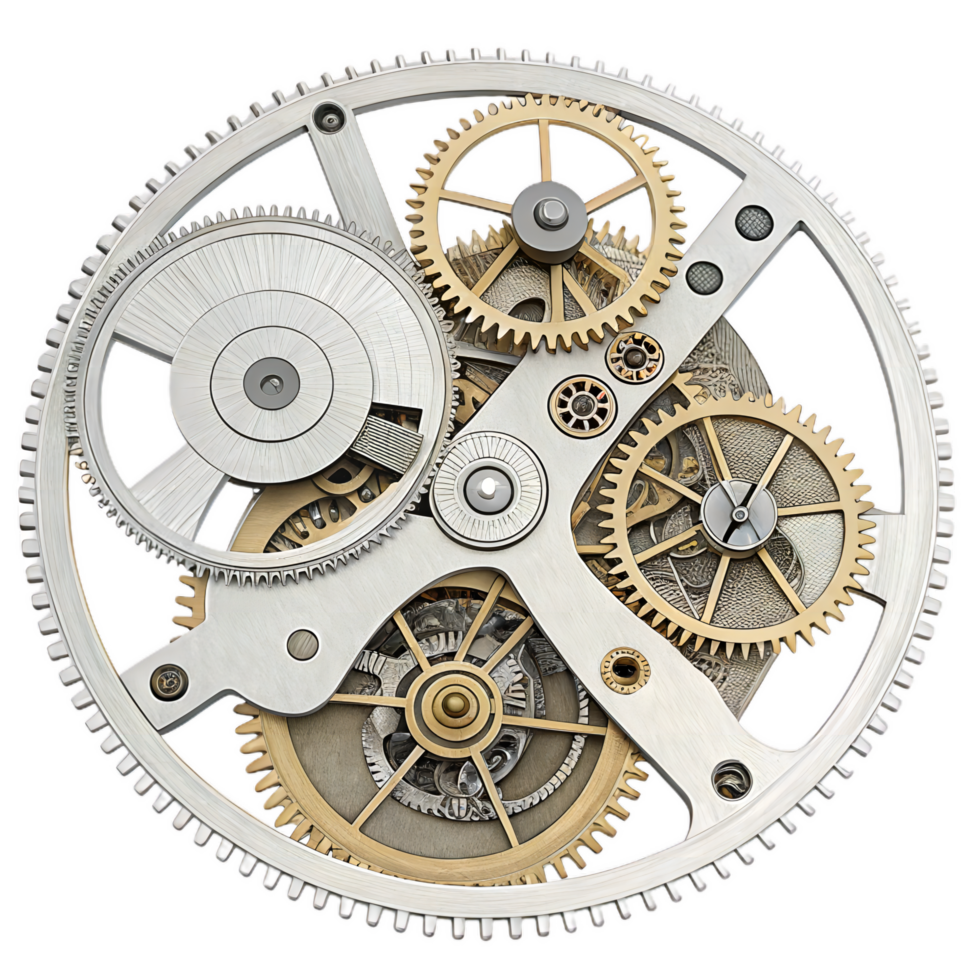 Intricate clockwork mechanism featuring detailed gears and cogs, showcasing beauty of engineering and design. combination of silver and gold tones adds elegance to this mechanical art png