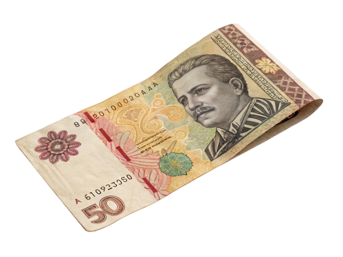 single folded banknote with realistic details, featuring intricate designs and prominent portrait. vibrant colors and textures highlight its value and craftsmanship png