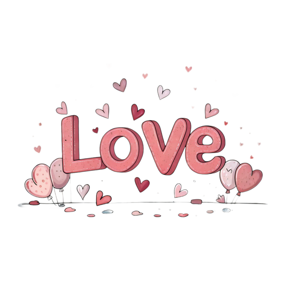 Love is expressed through playful, cartoon like letters surrounded by hearts and balloons, creating cheerful and romantic atmosphere png