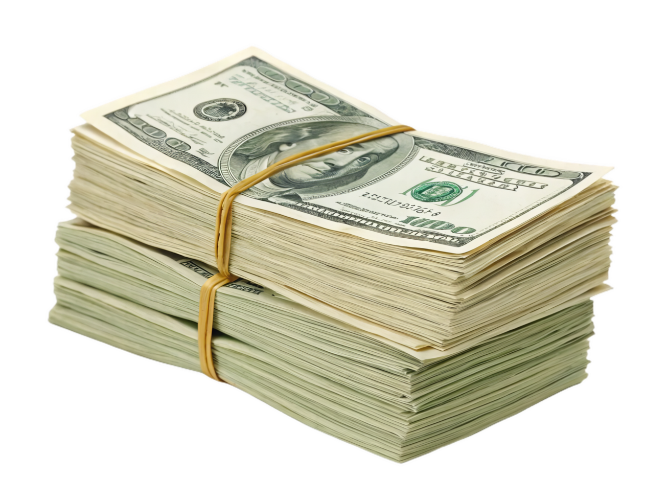 large stack of neatly bundled US dollar bills, showcasing wealth and financial stability. crisp notes are organized, reflecting careful management of money png