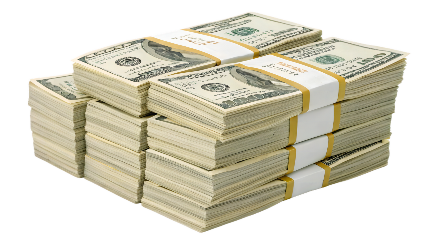 large stack of bundled cash featuring visible dollar bills, symbolizing wealth and financial success. neatly arranged stacks create impressive display of currency png