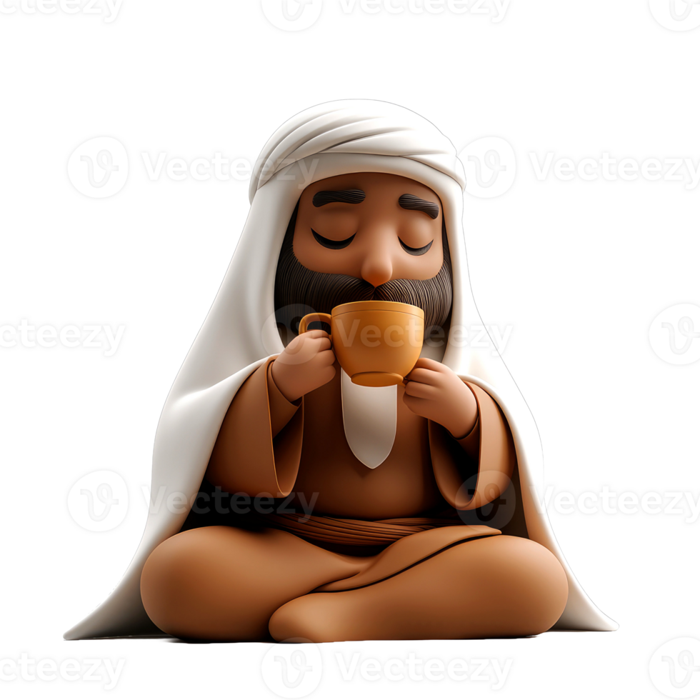 3D man in traditional clothing enjoys a hot drink. png