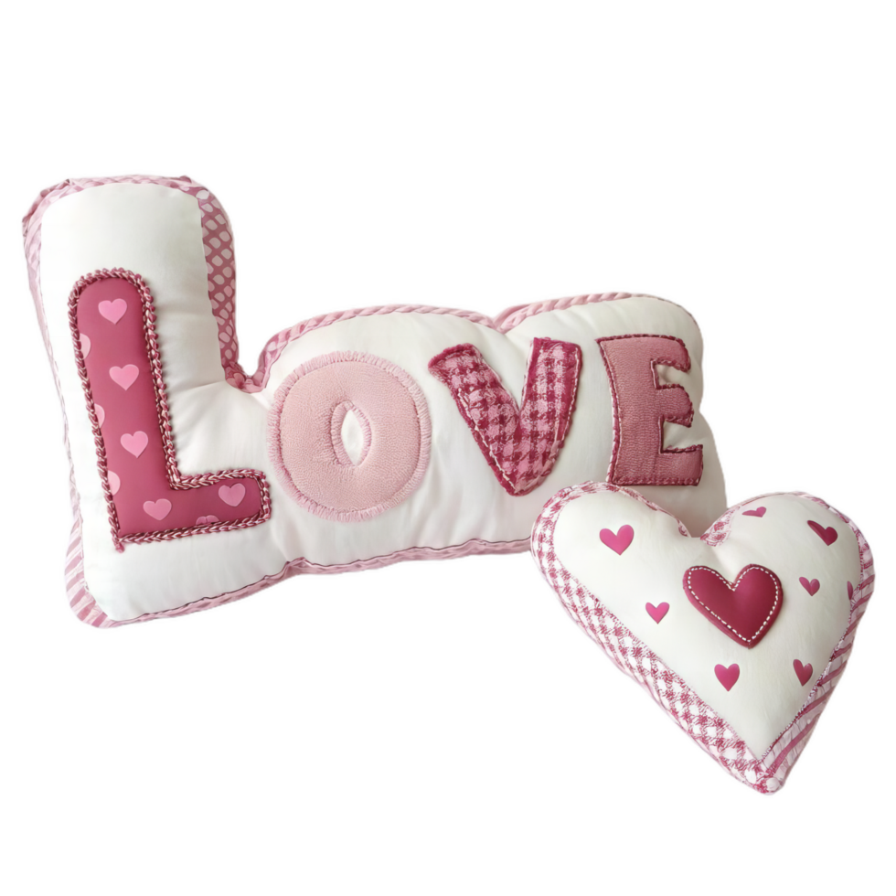 plush pillow designed with word LOVE in pink and white, featuring heart patterns, perfect for home decor and expressing affection png