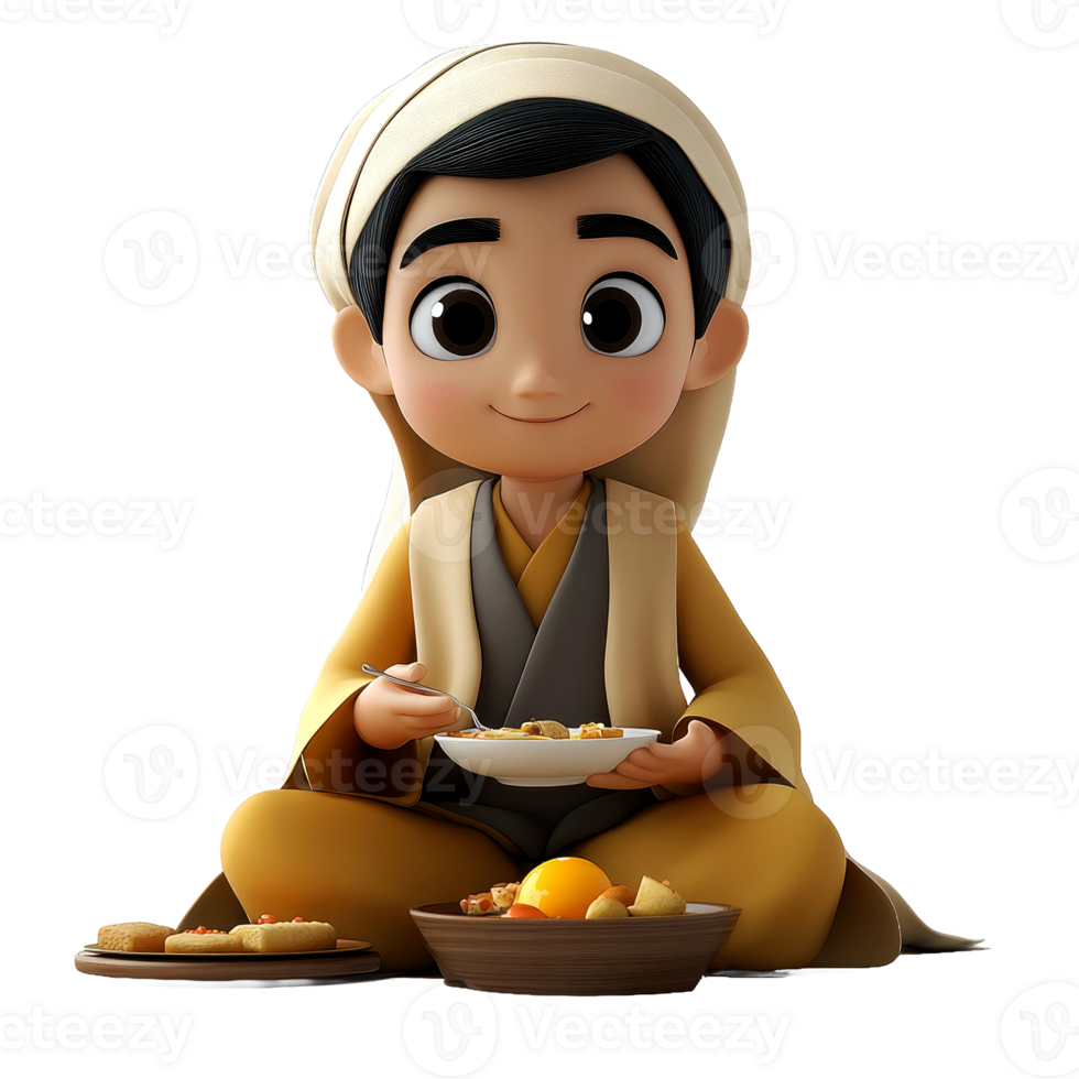 Cute cartoon boy enjoys meal. png