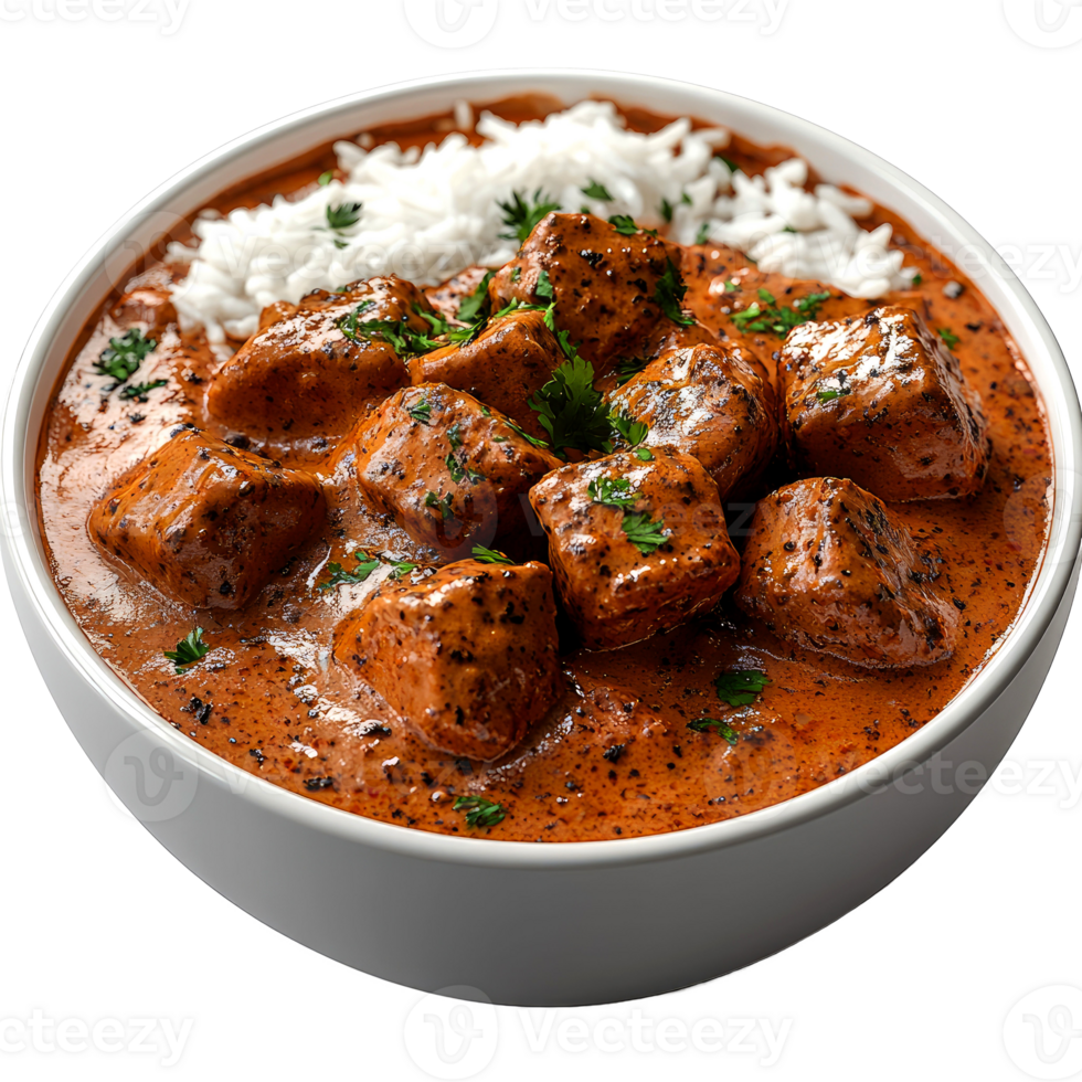 Butter chicken with rice in a bowl. png