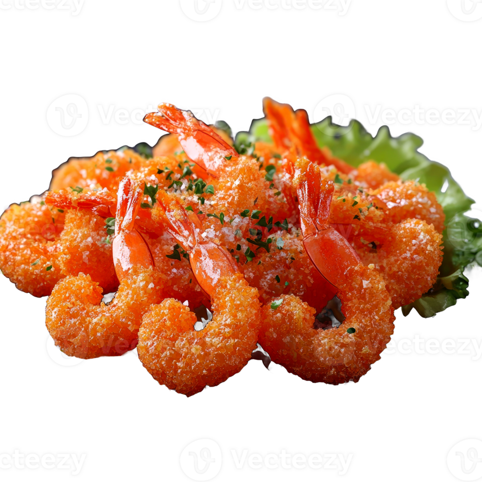 Crispy breaded shrimp on lettuce. png