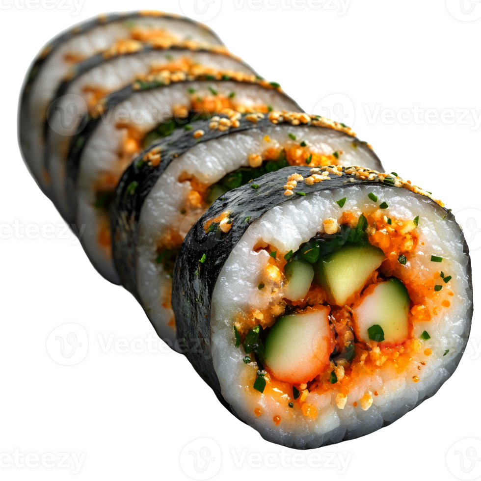 Delicious sushi rolls with sesame seeds, cucumber, and crab. png
