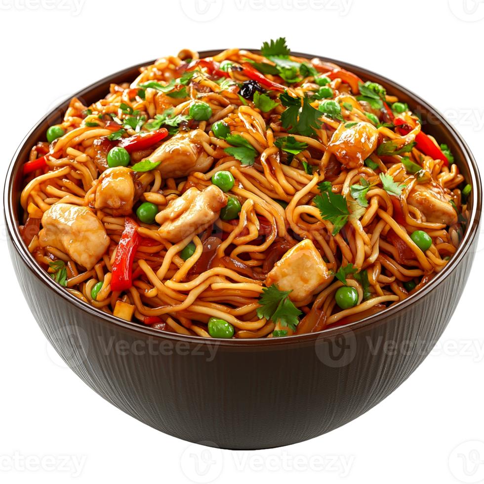 Delicious chicken noodle stir-fry in a bowl. png