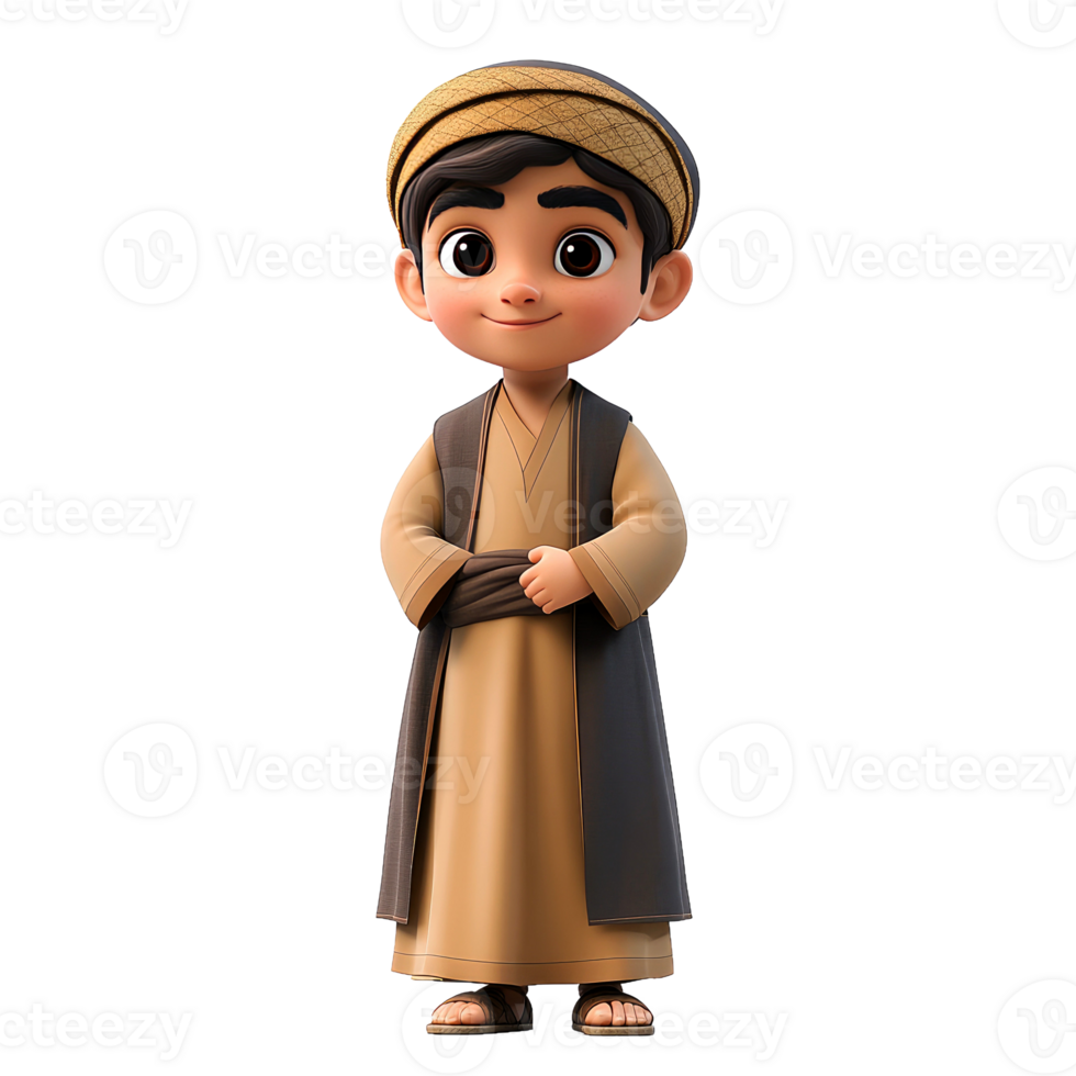 Smiling cartoon boy in traditional Middle Eastern attire. png