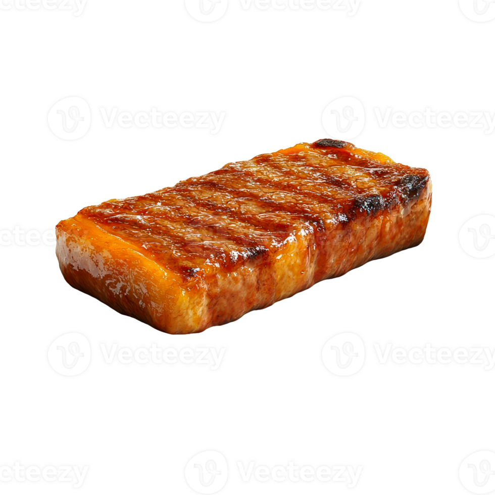 Grilled steak, close-up view, showing grill marks and glossy surface. png