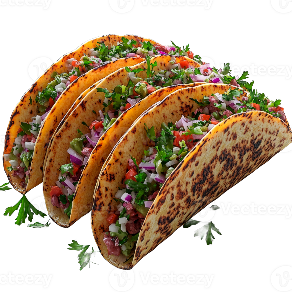 Four delicious tacos with seasoned meat, onions, and cilantro. png