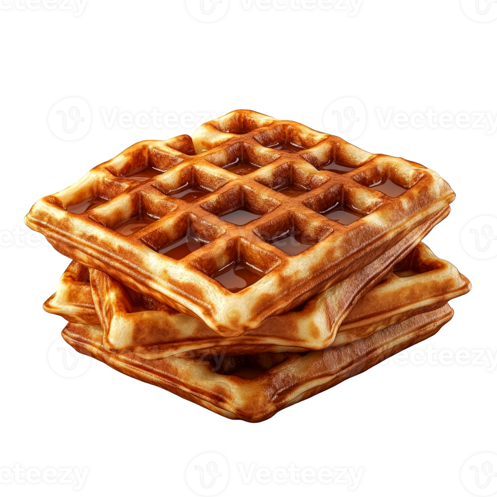 Stack of golden brown waffles drizzled with syrup. png