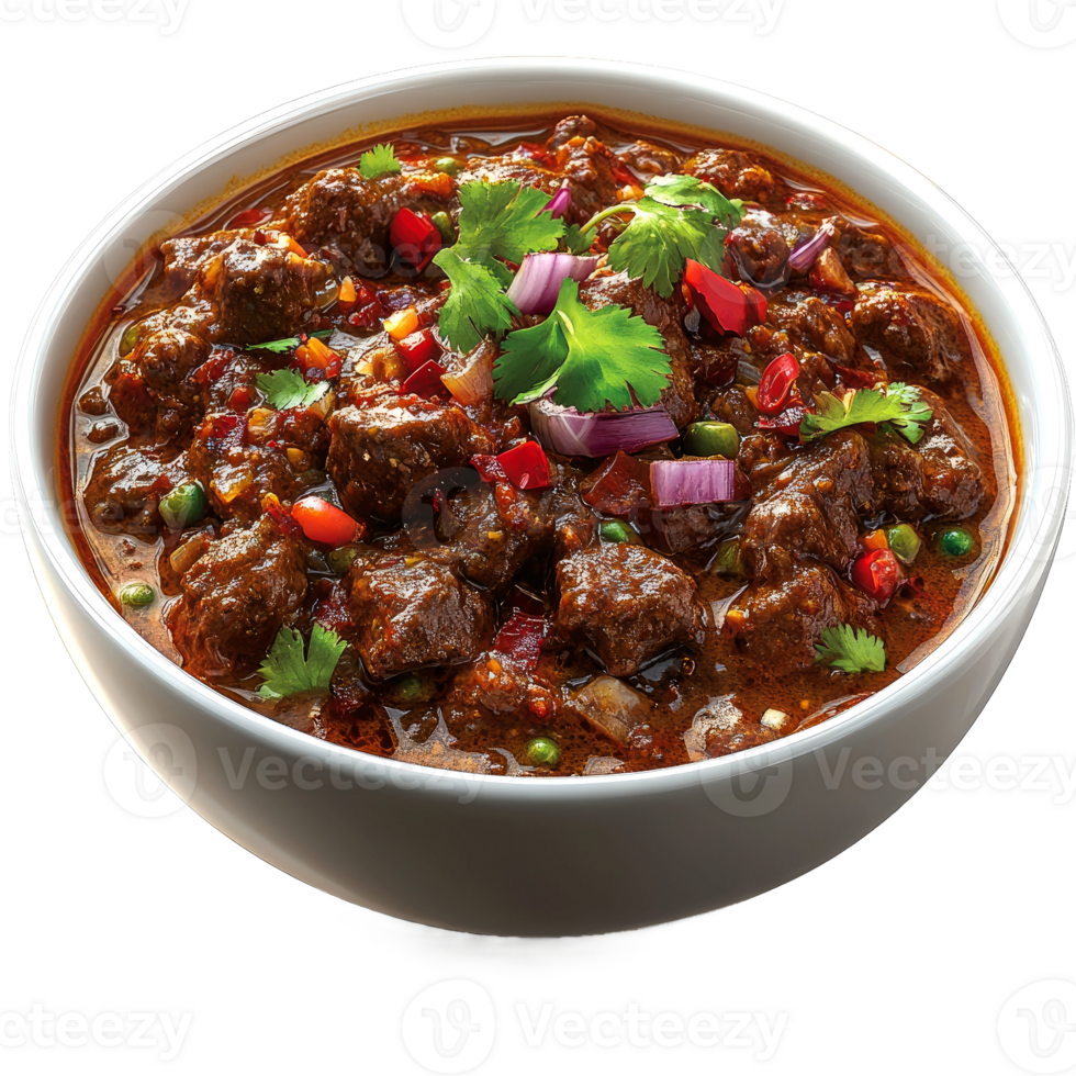 Spicy beef stew in a bowl, garnished with cilantro and red onion. png