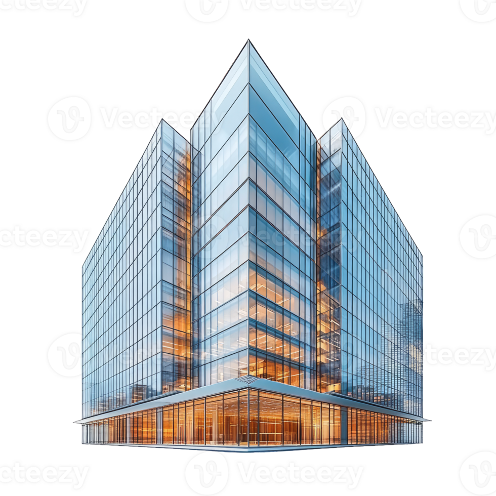 Modern glass office building at dusk. png