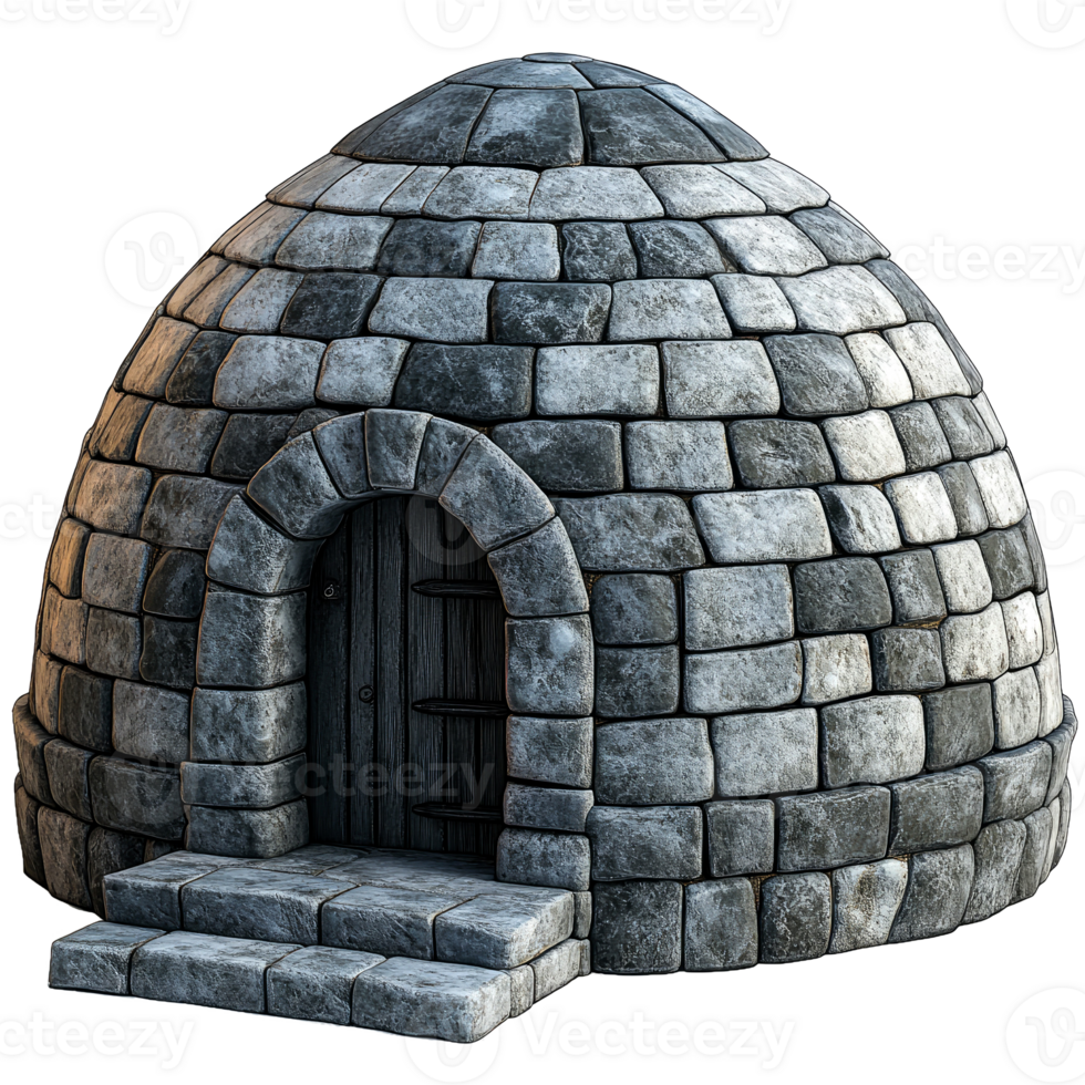 Stone igloo with arched doorway and steps. png