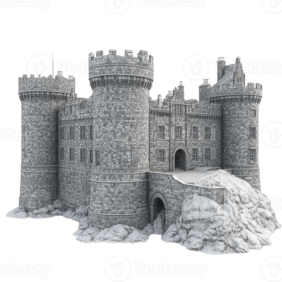 Stone castle 3D model on a rock. png