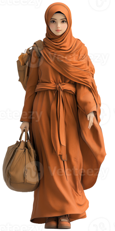 Woman in orange hijab carrying bags. png