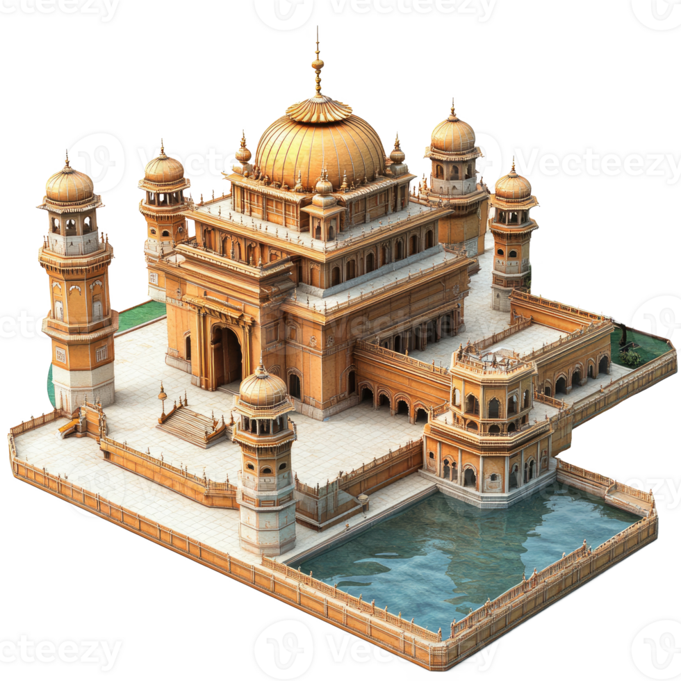Isometric view of a grand, ornate temple complex with a golden dome, situated beside a body of water. png