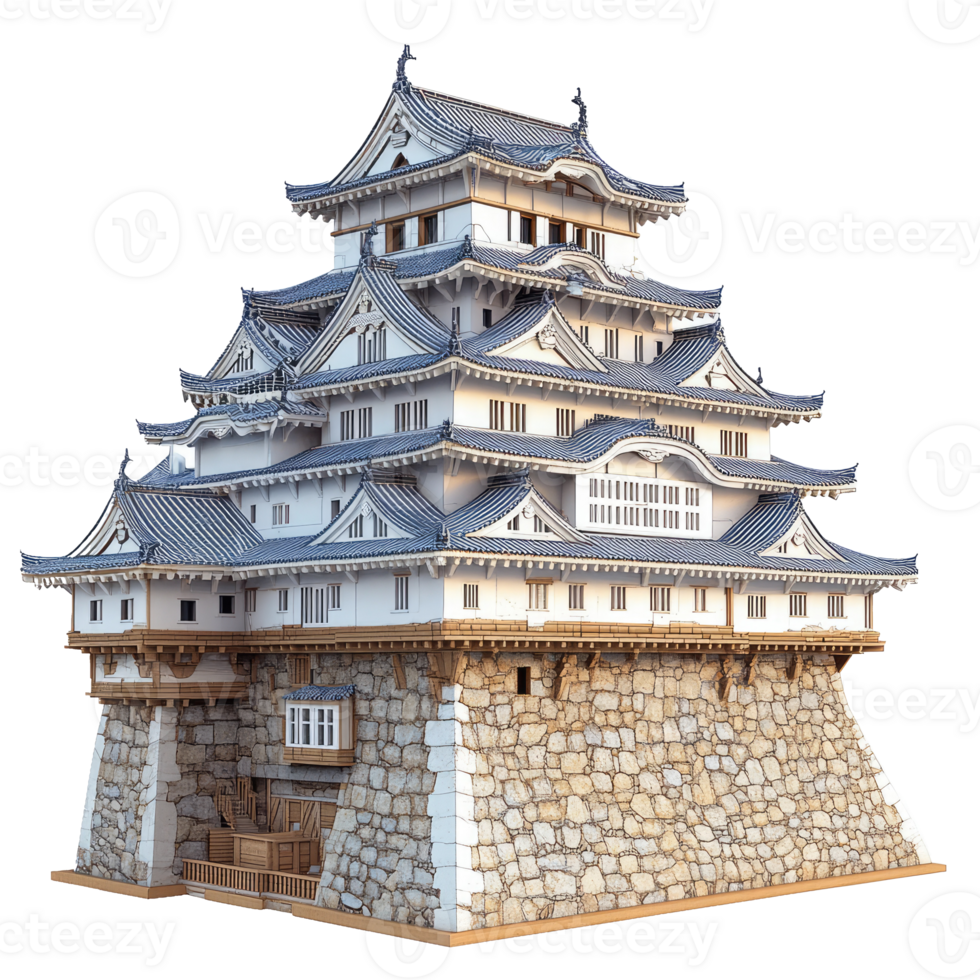 Majestic Japanese castle, multi-tiered structure with stone base. png