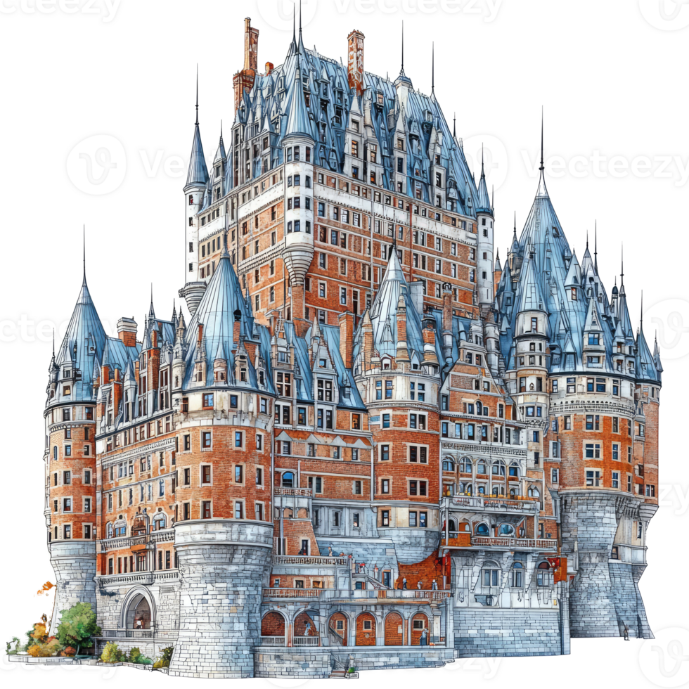 Majestic castle, red brick, grey stone, many towers. png