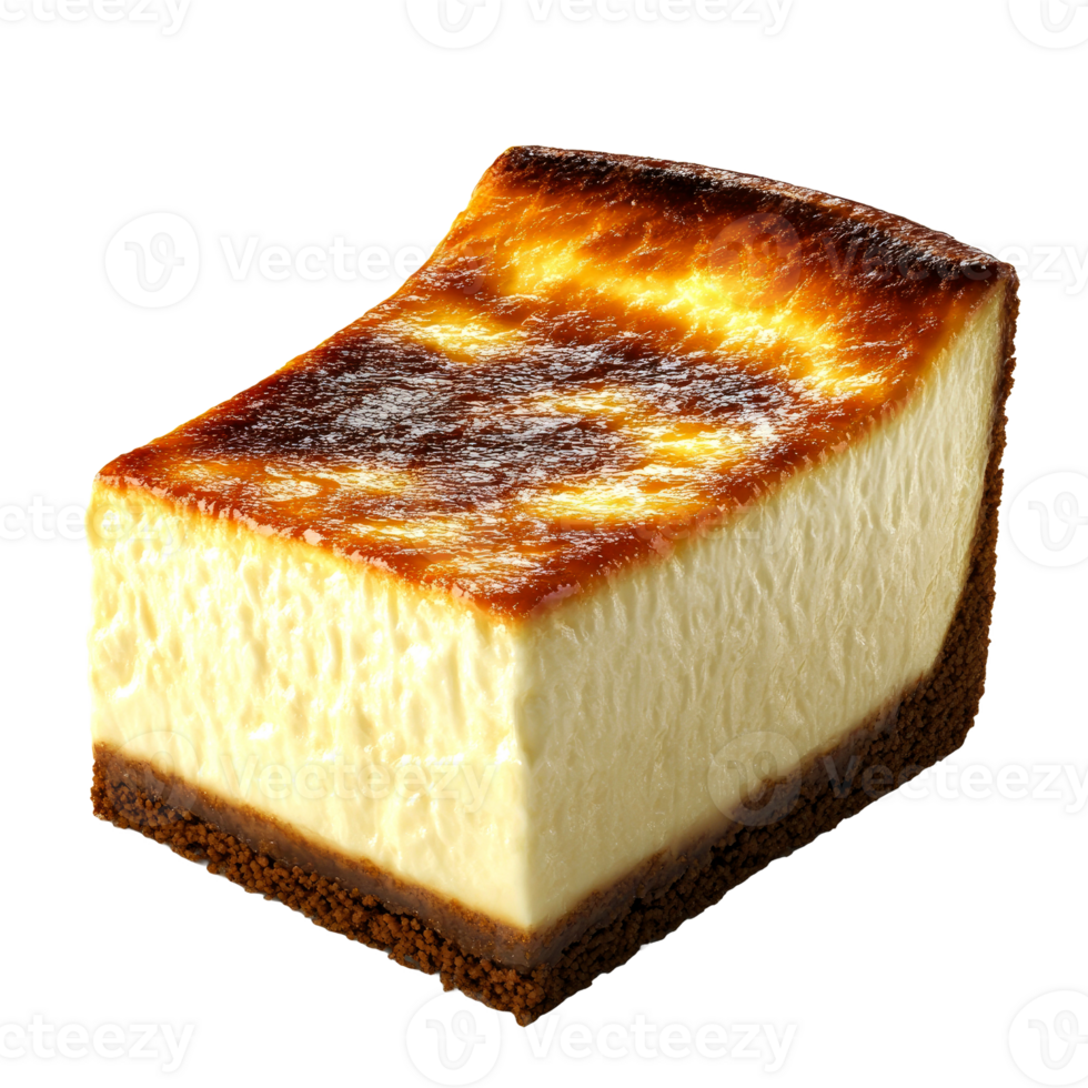 Baked creamy cheesecake slice with browned top. png